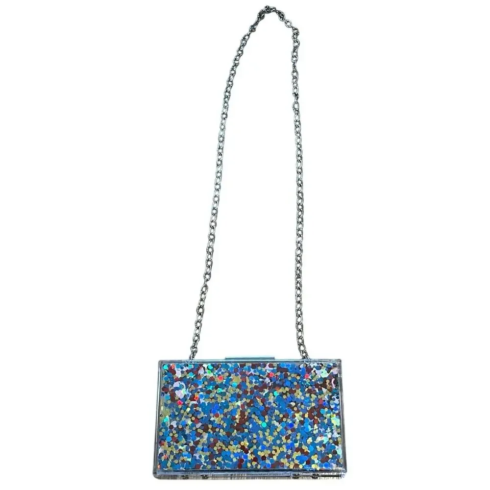Acrylic Confetti Glitter Hard Clutch Purse Handbag chain strap clear rainbow y2k - Picture 1 of 14